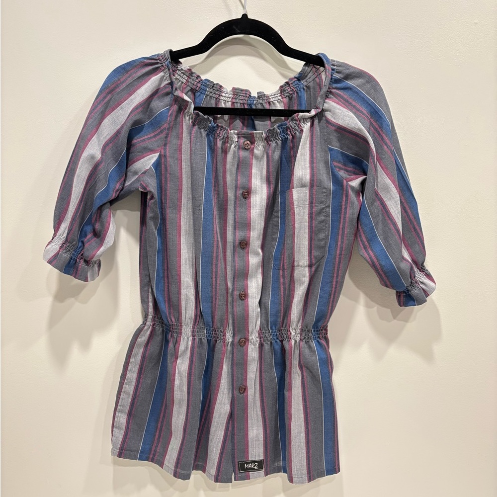 Striped Women's Blouse with Ruffle Neckline